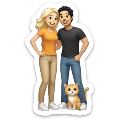 Gay couple, 1 Latino black hair and 1 Australian blonde hair with a cat in the middle laughing full body sticker
