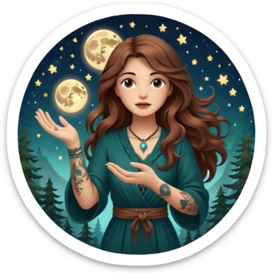 forest mystic woman long wavy brown hair tattoos catching falling moon spark in hands sticker