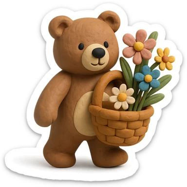bear carrying a basket of wildflowers, soft pastel brown and cream, matte plasticine claymation style with visible fingerprints sticker