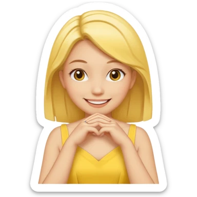 yellow smiling face girl with both hands flat under chin fingers touching sticker