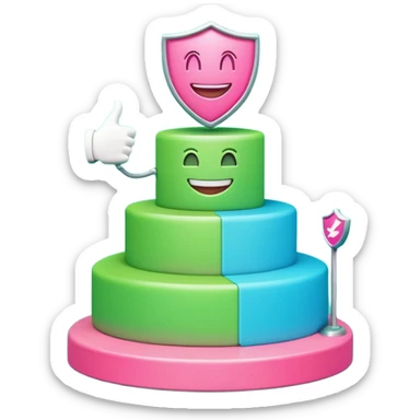 Minimalist 3D emoji-style podium with 2 steps on a green chroma key background. Step 1 (higher) features a handshake icon with blue neon glow. Step 2 (lower) features a smiling tooth with a shield icon and pink neon glow. Clean rendering, soft colors, uniform lighting. sticker