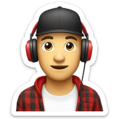 White Streamer wearing a back cap and red headphone with a shirt black and red squares sticker