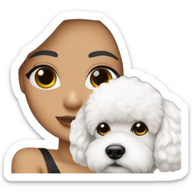 mujer piel blanca cabello negro chongo  y perro bichon blanco sticker