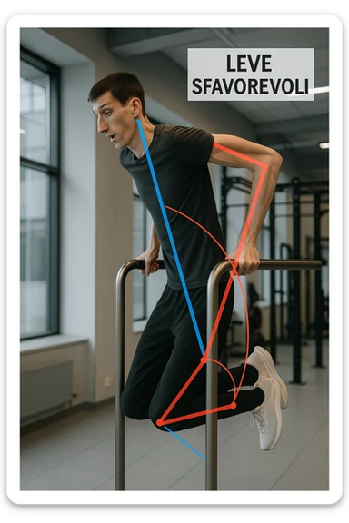 a tall, lean man with very long arms and a short torso attempts a dip on parallel bars. His elbows are deeply bent and his body appears awkwardly positioned, highlighting the mechanical disadvantage. An overlay shows anatomical lines and angles, with labels explaining “Leve Sfavorevoli” The background is a modern gym, with a focus on biomechanics. in italiano sticker