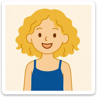 A girl with golden curly hair, brown eyes, blue camisole dress, cheerful, minimal style sticker