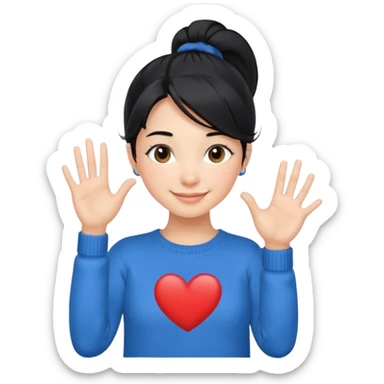 cewe tersenyum lembut rambut hitam  kuncir satu kayak cute gitu tapi gausah adakepangnya  dan sudah agak dewasa gitu bajunya yang cute sweater biru tangannya ngebntuk love sticker