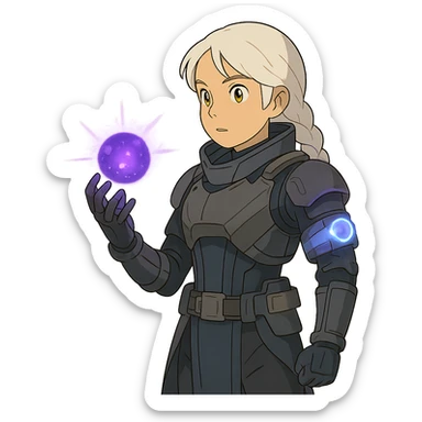 1 female, white hair long braid, gold yellow eyes, no helmet, a novice warlock from Destiny 2 armor, charging a void grenade in her hand, futuristic technology, with a glowing warlock bond, level 1 warlock sticker