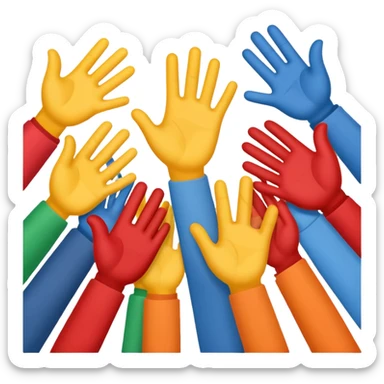 Emoji-style icon showing several diverse hands high-five together, symbolizing unity and team spirit. Flat minimal Apple-style emoji, bright colors, white background, soft shadows. sticker