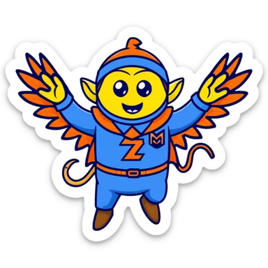 Wicked witch's flying monkey minion with bat wings, grimacing face, wearing blue uniform and fez cap sticker