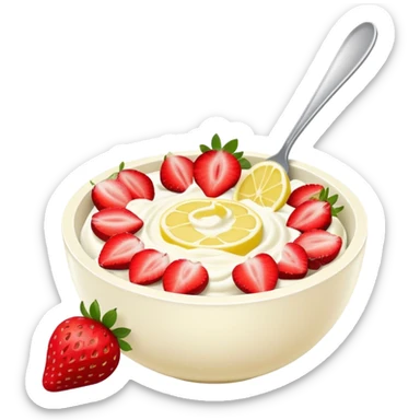 yoghurt bowl with stawberry and lemon sticker