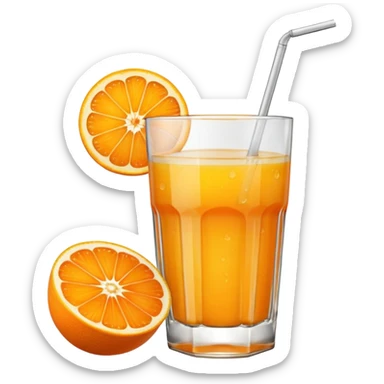 A glas of orange juice. Without a straw. With a slice of orange next to it on the bottom sticker