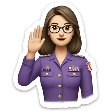 a caucasian brunette female, wearing a purple shirt and glasses, making the military salute gesture with her hand next to her head sticker