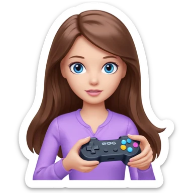beautiful barbie girl with long brown hair, blue eyes and wearing light purple clothes playing console games with controller sticker