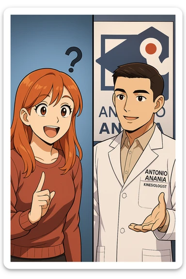 su questo stile fai un manga/webtoon a colori in cui C'è UNA STRISCIA CON FOCUS SUL VOLTO DELLA donna CON ESPRESSIONE DI STUPORE CHE ESCLAMA UNA COSA FELICE, MENTRE NELLA STRISCIA A DESTRA SI VEDE, l'uomo della foto in stile manga LE SPIEGA CHE DEVE PROVARE LA SUA VALUTAZIONE MEDICA, mantieni un ambiente simile alla foto che ho allegato con il suo logo (sarebbe il suo studio, lui è un kinesiologo), scrivigli "ANTONIO ANANIA" sul camice bianco, non mettere fumetti, ma fai in modo che sembri che la donna CHIEDA E  l'uomo RISPONDA sticker