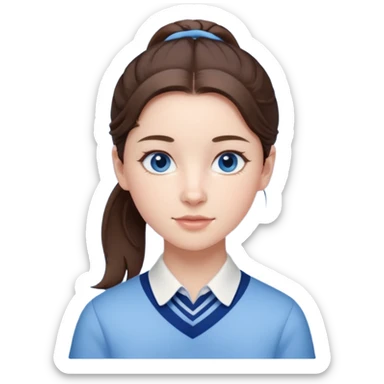 Realistic Student Portrait, with porcelain-like skin featuring a natural rosy flush, illuminated by soft lighting that highlights the gentle contours of her face. Her Brunette pony tail hair flows in soft, Her deep blue eyes radiate warmth and innocence,  wear light blue preppy style. sticker