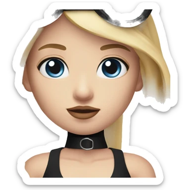 Woman with blue eyes, pink lips and long blonde straight hair. black swimsuit. black collar with metal ring around neck sticker