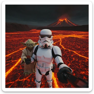Camera POV, Starwars stormtroopers vlogging selfie, he is walking on lava planet with yoda sticker