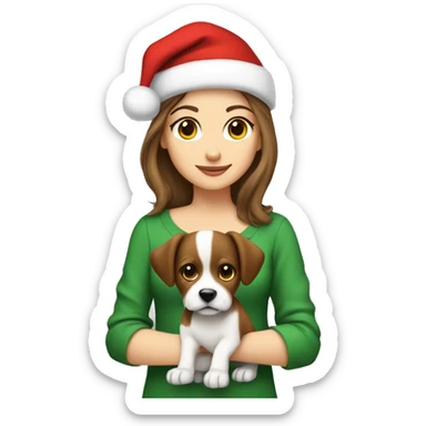Brown hair white girl with a Christmas hat on with a puppy sticker