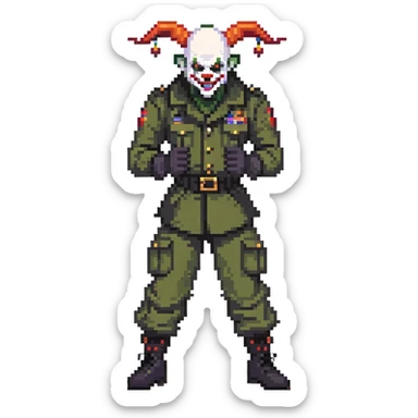 evil clown soldier, bald, short black devil horns on forehead, fangs, pointed ears, black and military green clothes with bellbottom pants, realistically proportioned, less bulky, full body, fighting stance sticker
