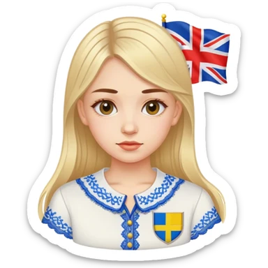 Ukrainian girl in an embroidered shirt against the background of the British flag sticker