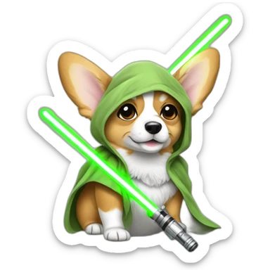 Corgi dress as yoda with one light saber green sticker