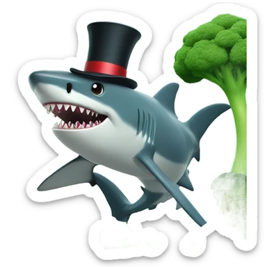 Shark with a top hat eating broccoli on an island sticker