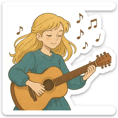 ghibli style illustration of a beautiful blonde girl playing guitar with music notes in the air sticker