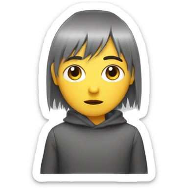 Persona de flequillo que cubre su cara dejando ver sus ojos, coleta, de cabello rojizo y polera manga corta gris con una cara amarilla con ojos en forma de equis y la boca triste sticker
