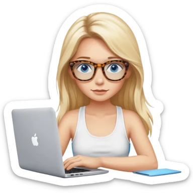 long blonde hair woman blue eyes with tortoise shell print glasses wearing white tank top on mac book  sticker