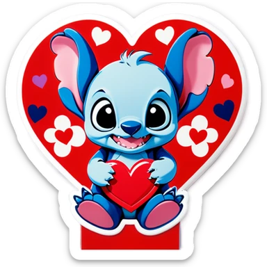 The character stitch with kittens all around him and hearts sticker