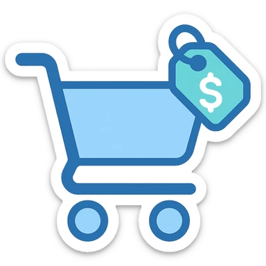 Shopping cart with a price tag, flat emoji style, outline with blue and turquoise colors sticker
