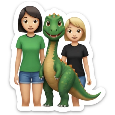 friendly cartoon dinosaur wearing a t-shirt standing next to a smiling young woman with short hair and green-black clothes both posing together sticker