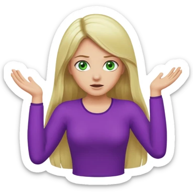 lady with long blonde hair, green eyes and purple top throwing arms in the as if confused sticker