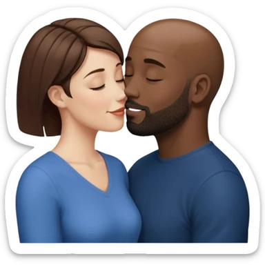 a white woman with short brown hair and a black man with no hair and a beard are facing one each other.  The woman is giving a kiss to the man's forehead sticker