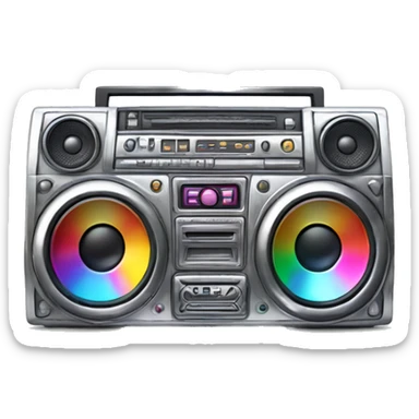 A chunky boombox with metallic silver casing, bold colourful buttons, and glowing speakers. Include graffiti-style patterns on the sides and a slight lens flare effect.   sticker