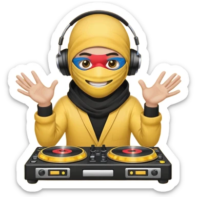 Make a customized yellow head emoji with hands and holding a dj turn table  in a ninja face mask sticker
