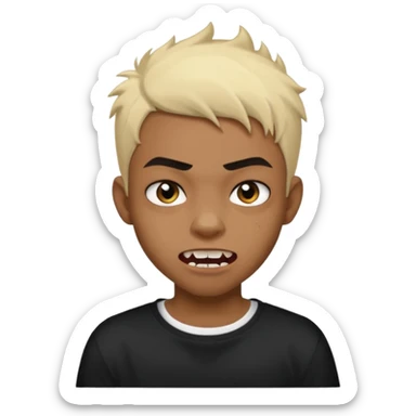 Black Male Teenager with Short punk messy blonde hair, Dark brown bushy eyebrows large expressive golden-brown eyes, wearing a plain white t-shirt, Dark Brown skin color. vampire tooth sticker