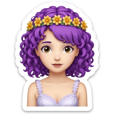Princesses with Flower Crown in curly Purple Hair, white dress sticker