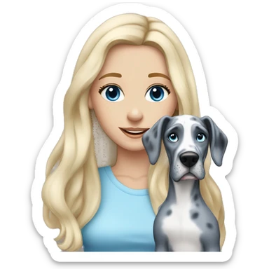 Blonde girl with blue eyes and long hair with a blue merle great dane dog sticker