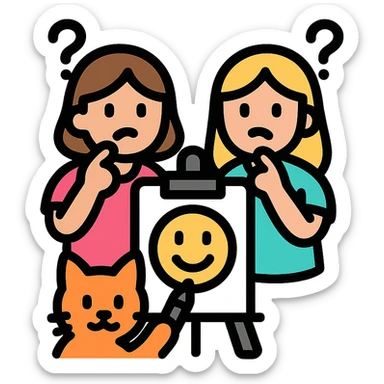 two girls guessing as a kitty draws an emoji, vibrant color icon sticker