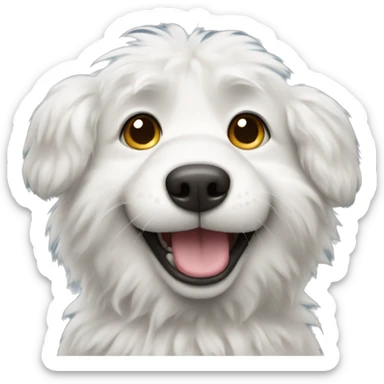 A fluffy white dog make emoji with a friendly, smiling expression sticker