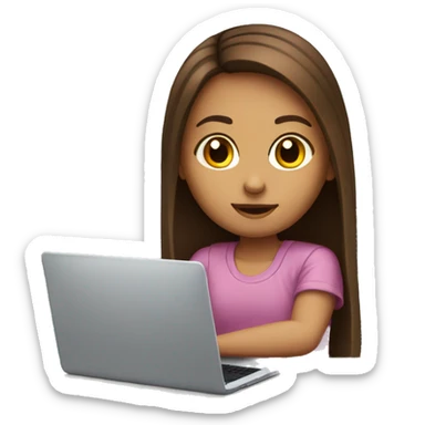 A young girl with straight brown hair is sitting at a desk with a laptop sticker