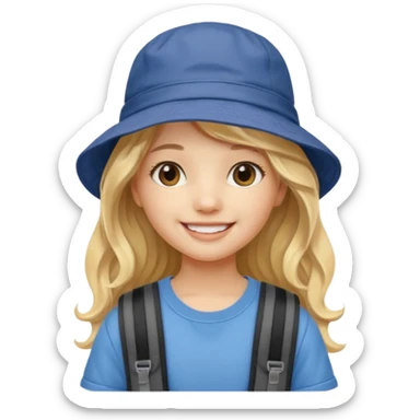 a young student girl with the backpack with bucket hat, blonde wavy long hair sticker
