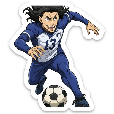Don Lorenzo from Blue Lock, dribbling a soccer ball, energetic anime style, blue and white uniform, athletic build, no background sticker