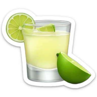 A single tequila shot with slice of green lemon piece sticker