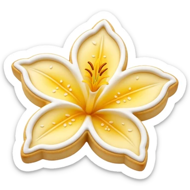 Realistic shortbread cookie in the shape of a lily flower with pastel yellow color jelly middle filling and sprinkled powder sugar on top. sticker