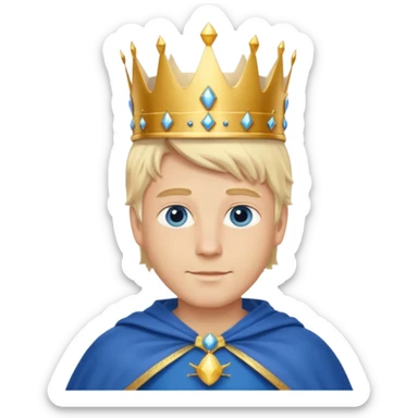 1 White king, blond hair, blue eyes, kind and benevolent vibe, gentle smile, wearing a crown and blue cloak emoji sticker