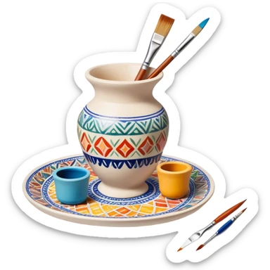 Ceramic painting icon, hand-painted ceramic plate or vase with intricate patterns, visible paintbrush, paint pots, and ceramic tools, colorful glaze, no finished artwork, just the painting process, minimalistic style, clean lines, transparent background. sticker