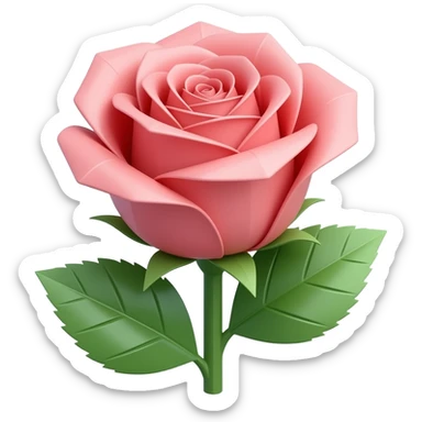 Realistic mirco-detailed, stunning large size Coral pink Origami rose, with a very slight opalescent hue, with two shiny green Origami paper leaves, isolated 2D render, 4k hd professional printing quailty, 600 dpi. 3000x3000 pixels. No emoji icons no emoji faces sticker