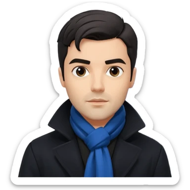 Sean Teale as Tristan Doctor wearing a long coat and scarf with a TARDIS in the background sticker